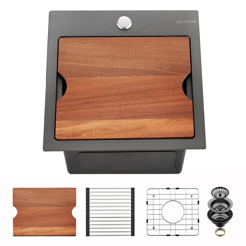 EcoChannels Kitchen Sink, 15 x 15 x 10 inch Kitchen Sinks Small Bar Prep Sink 16 Gauge Gunmetal Black Drop in Kitchen Sink Single Bowl Workstation Sink with Cutting Board