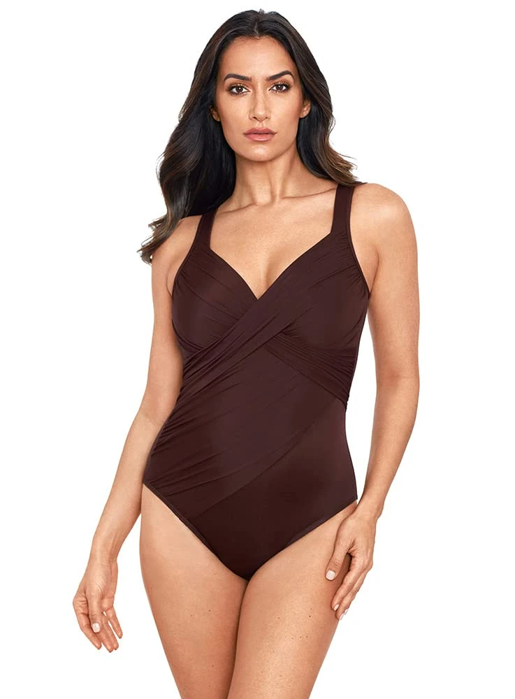 Miraclesuit Women's Swimwear Revele Tummy Control Underwire Bra One Piece Swimsuit, Sumatra Brown, 20