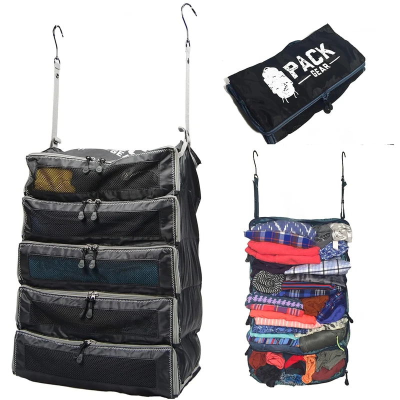 Pack Gear Suitcase Organizer | Pack More in your Large or Carry On Luggage | Unpack Instantly with these Compression Packing Cubes for Suitcases | Hanging Shelf Organizer for Closet (Black) (XL)
