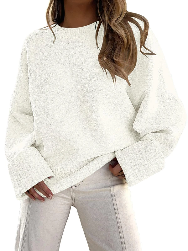 LILLUSORY Women's Oversized Sweaters 2024 Fall Fuzzy Chunky Warm Pullover Sweater, White, L