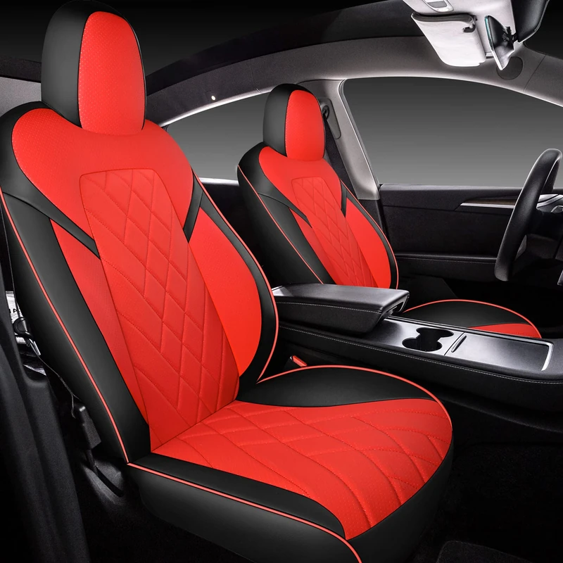 Tapha Faux Leather Seat Cover Set for Tesla Model Y 2020-2022, Breathable and Water-Resistant, Include Seat Covers for Front and Rear Seats (Black/Red)