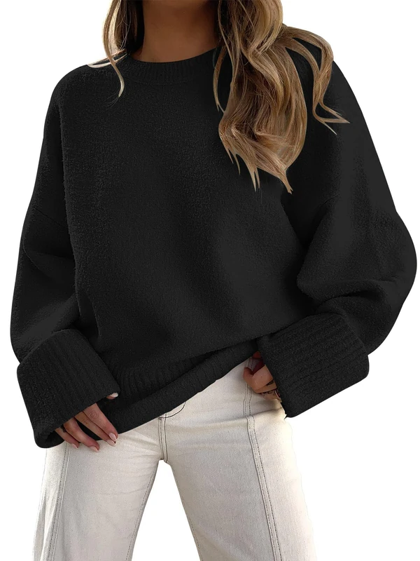 LILLUSORY Women's Crewneck Long Sleeve Oversized Fuzzy Knit Chunky Warm Pullover Sweater Top, Black, S