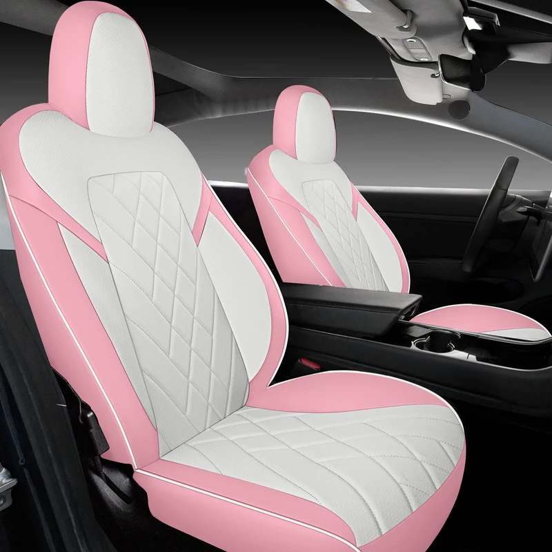 TAPHA Faux Leather Seat Cover Set for Tesla Model 3 2017-2022, Breathable and Water-Resistant, Include Seat Covers for Front and Rear Seats (White/Pink)