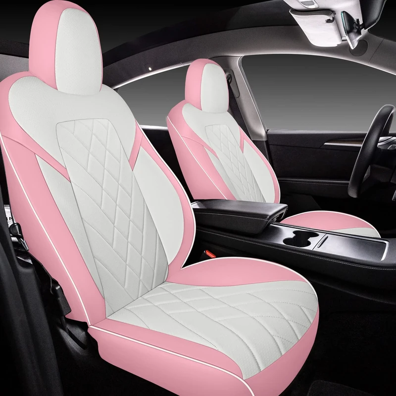 TAPHA Faux Leather Seat Cover Set for Tesla Model Y 2020-2022, Breathable and Water-Resistant, Include Seat Covers for Front and Rear Seats (White/Pink)
