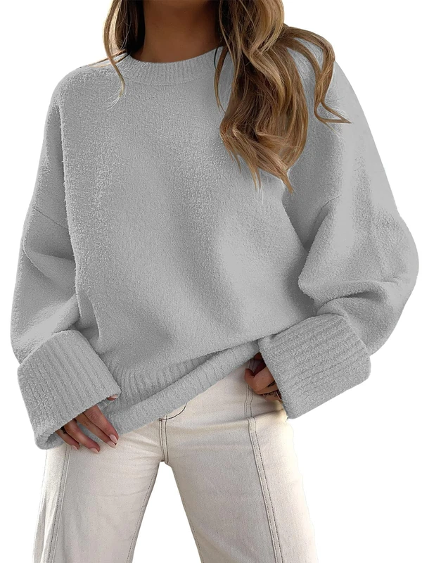 LILLUSORY Women's Crewneck Long Sleeve Oversized Fuzzy Knit Chunky Warm Pullover Sweater Top, Light Grey, L