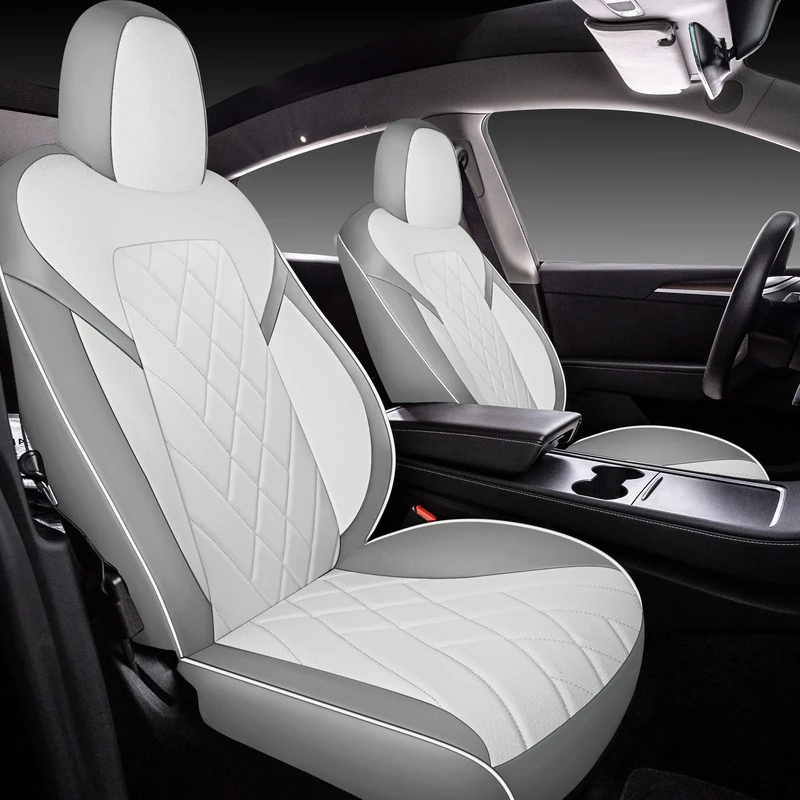 TAPHA Faux Leather Seat Cover Set for Tesla Model Y 2020-2022, Breathable and Water-Resistant, Include Seat Covers for Front and Rear Seats (White/Grey)