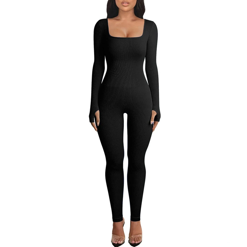 OEAK Womens Ribbed Jumpsuits Playsuits Square Neck Long Sleeve Unitard Seamless Onesies Workout Yoga All in One Piece Bodycon Black S