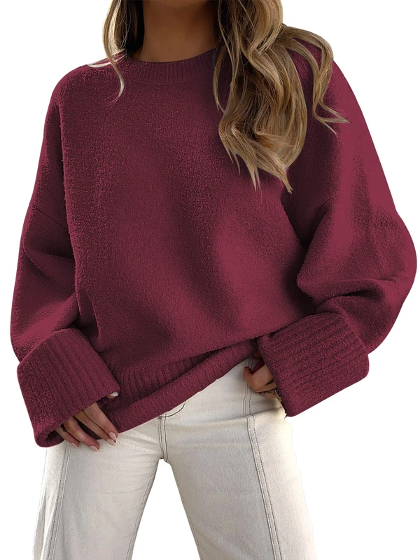 LILLUSORY Women's Crewneck Oversized Sweaters Fuzzy Knit Chunky Warm Pullover Sweater Top, Red, M