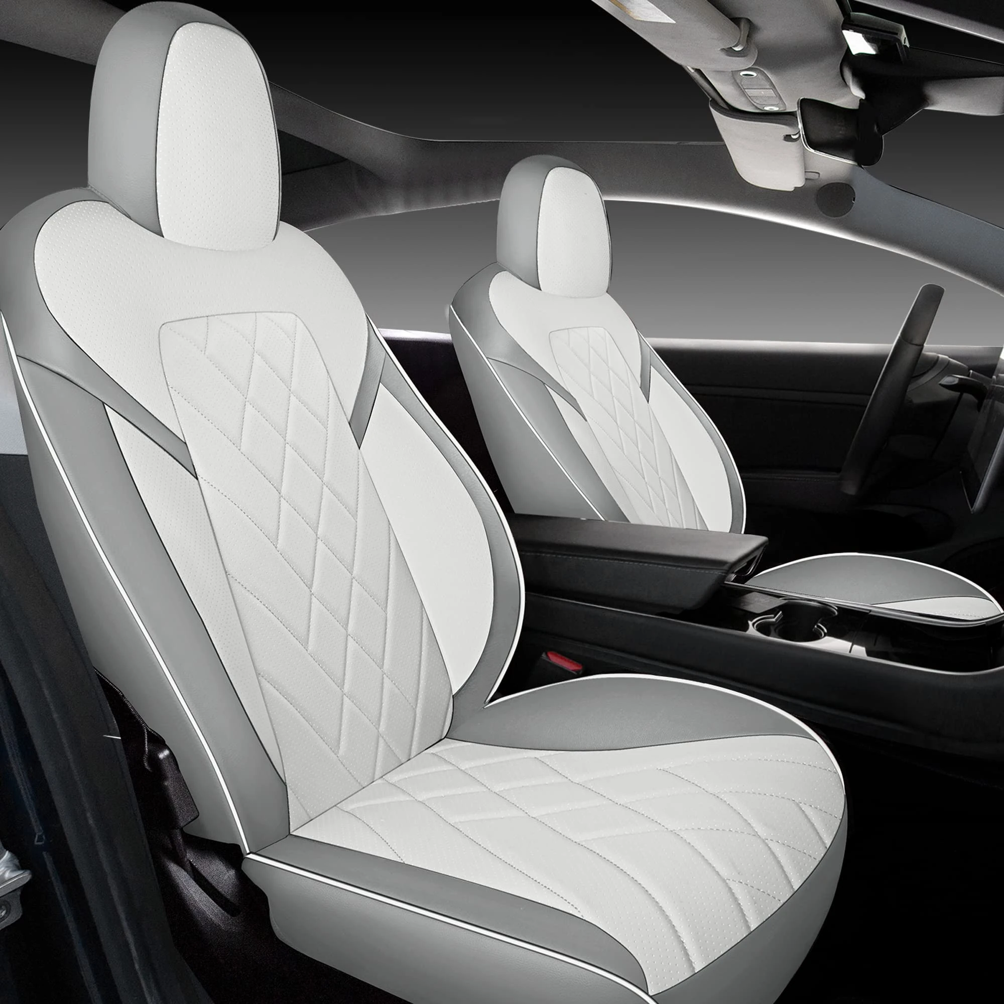 Tapha Faux Leather Seat Cover Set for Tesla Model 3 2017-2022, Breathable and Water-Resistant, Include Seat Covers for Front and Rear Seats (White/Grey)