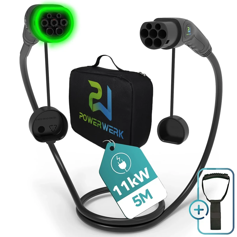 PowerWERK - 11kW 5m Type 2 Charging Cable for EV Electric Cars PHEV | up to 11kW | 32A | Type 2 to Type 2 | 3-Phase | Compatible with Model S/3/X/Y, i3, i4, iX, ID3, ID4, ID5, EV6, IONIQ 5, E-Tron,