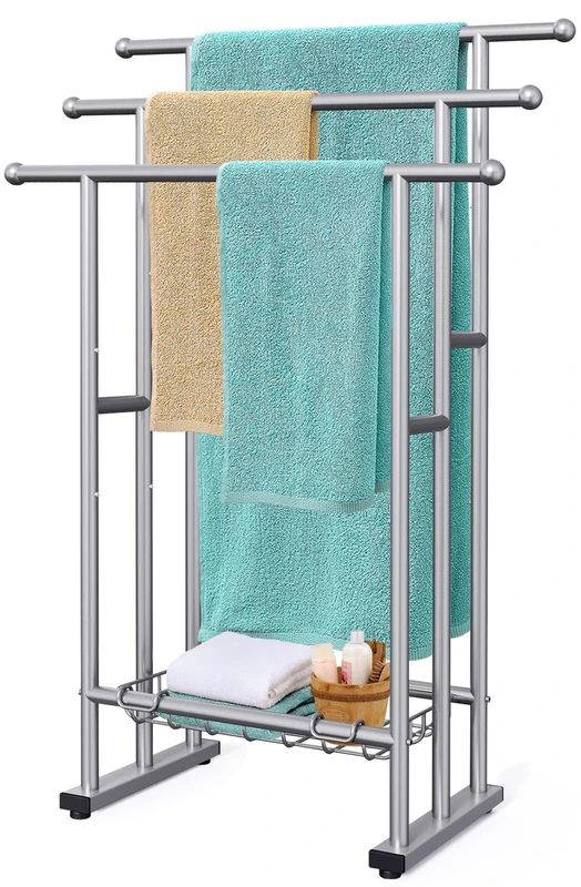 40" Tall Freestanding Towel Racks for Bathroom, 3 Tier Floor Towel Rack with Storage Basket, Blanket Ladder Drying and Display Rack for Large Bath Towel & Hand Towel Outdoor Poolside (Silver)
