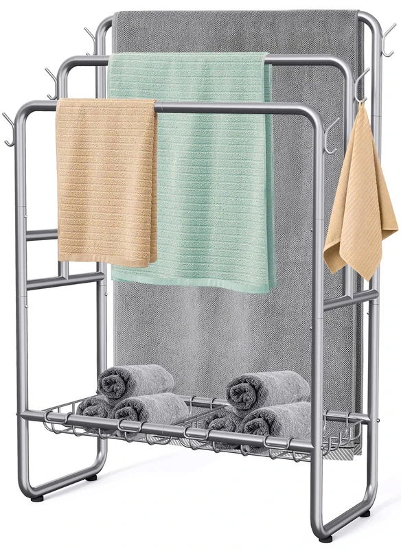 40" H Free Standing Towel Rack with 2 Storage Baskets & 6 Hooks, 3 Tier Silver Metal Towel Stand for Extra Large Towel, Modern Industrial Blanket Ladder Display and Drying Rack for Bedroom Bathroom