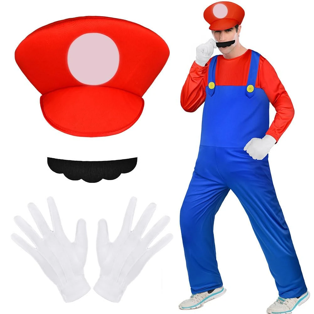 Aomig Mario Costumes, 4 Pack Mario Cosplay Costume Accessories Kits with Bodysuit, Luigi Hats Cap, Mustaches, White Gloves, Mario Luigi Bros Fancy Dress Outfit Costume for Women Men