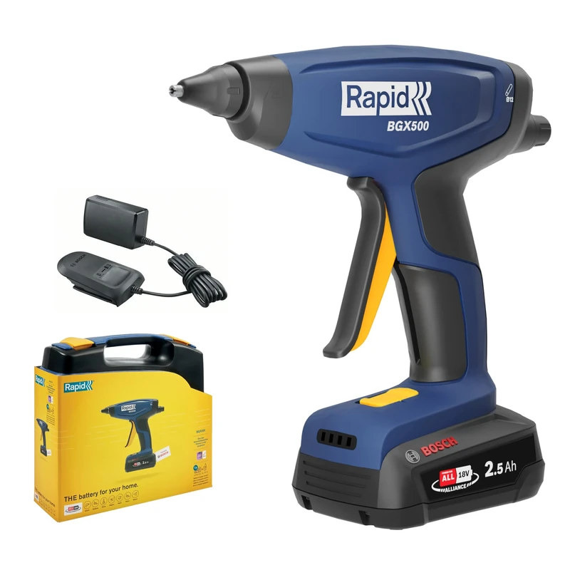 Rapid BGX500 18V Battery-Powered Cordless Glue Gun - DIY Glue Gun with Quick Warm-Up, Glue Flow Adjuster, LED Heat Indicator, Perfect for DIY and Installation, with Battery and Charger (5001515)