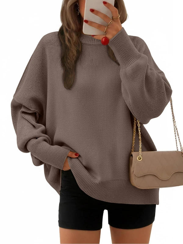 EFAN Women's Oversized Sweaters 2025 Fall Crewneck Batwing Sleeve Pullover Sweaters, Nutmeg, L