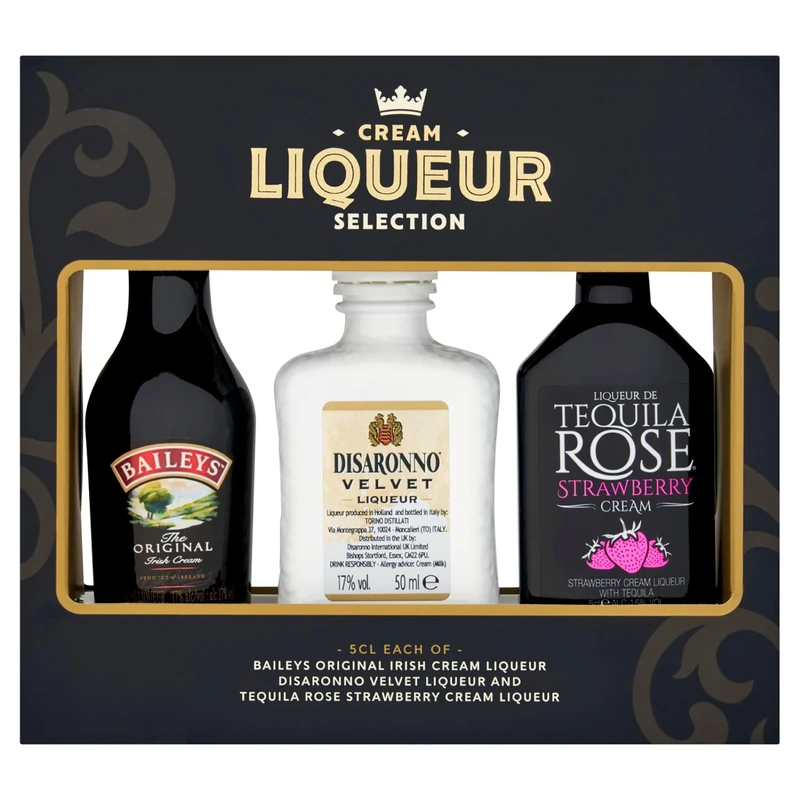 Cream Liqueur Selection Gift Set, includes Baileys Original 5cl, Disaronno Velvet Liqueur 5cl and Tequila Rose Strawberry Cream Liqueur. Perfect for Christmas & Birthdays. Premium Packaging.