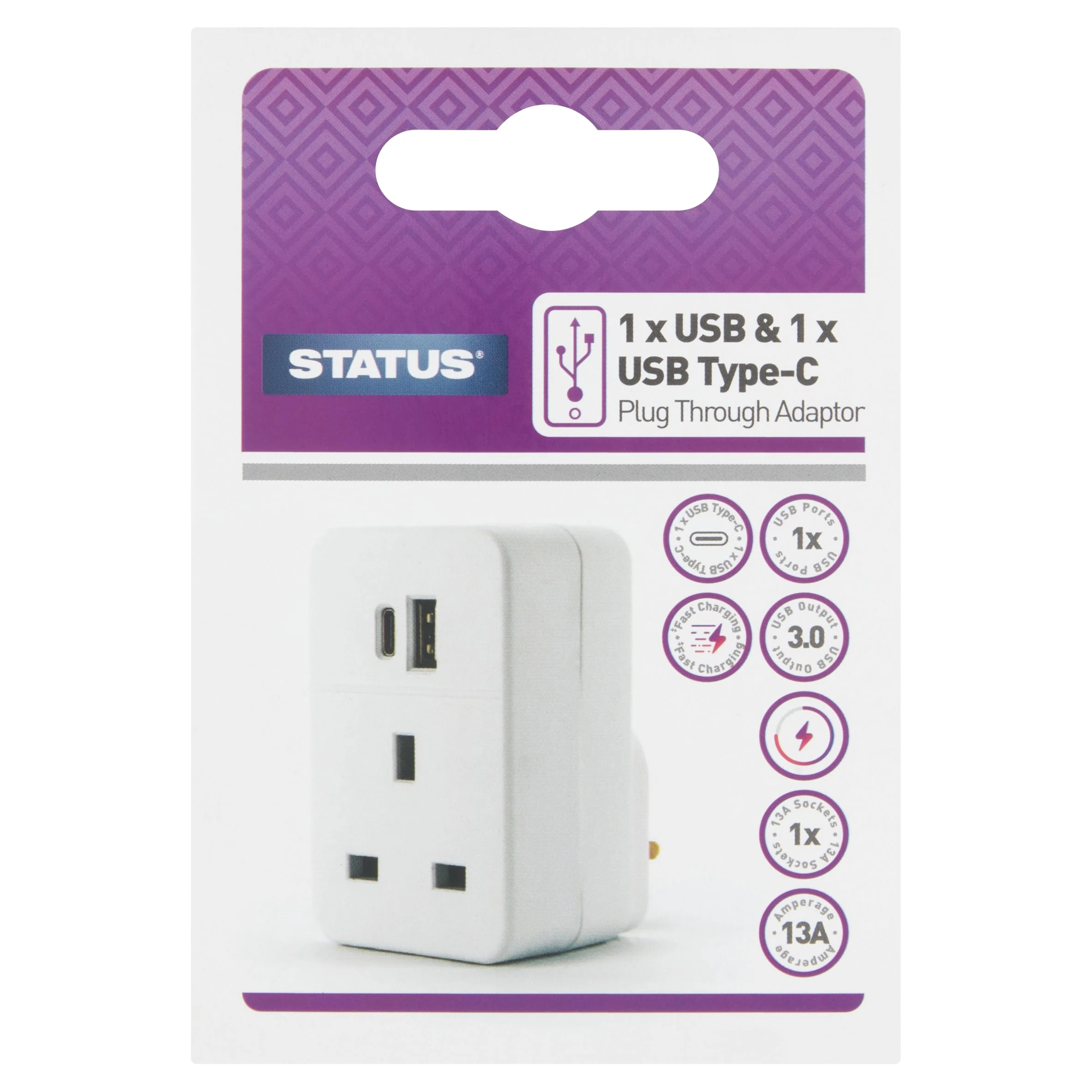 STATUS USB A & USB C Charging Port Power Adapter | White Plug Through Adaptor | S2USBACPT1PK5