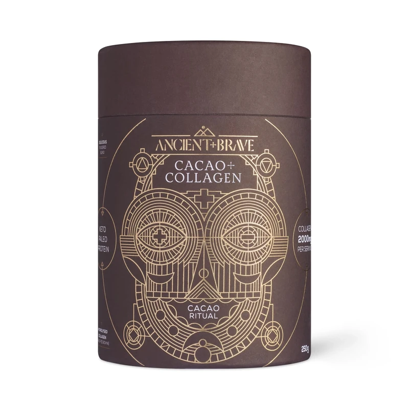 Ancient + Brave - Cacao + Collagen Powder 250g - Peruvian Raw Cacao Hot Chocolate with Grass-Fed Hydrolysed Bovine Collagen - Premium Blend of Organic Cocoa, Ashwagandha & Baobab - High Protein, Keto