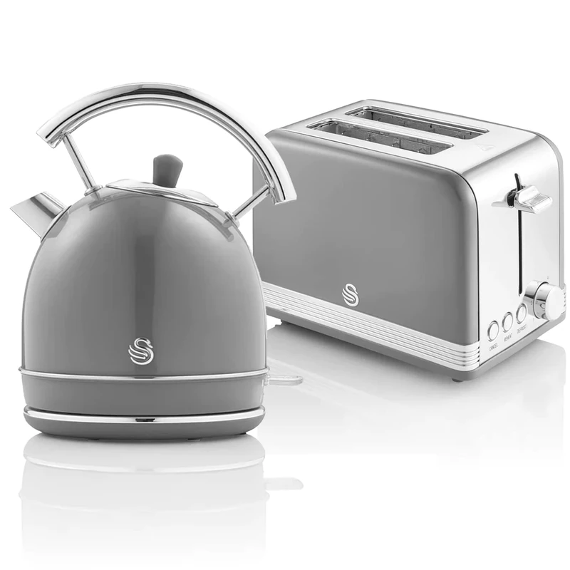 Swan Retro Set Breakfast Kettle 1.8L Cordless with Stainless Steel Resistance, Toaster Pan Wide Slot 2 Slices, Regulator 6 Levels of Toast, Vintage Design, Grey - Image 1