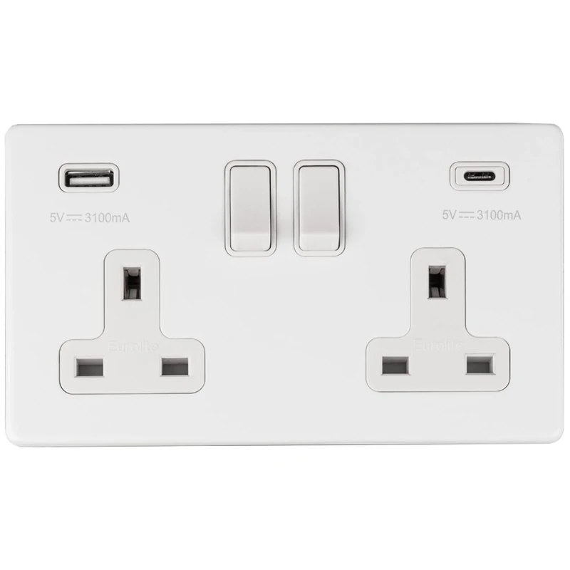 2 Gang 13A Double Switched Sockets with 2x USB Fast Charging Ports 3.1A Outlets: 1x Type A & 1x Type C (White/Flat Concealed)
