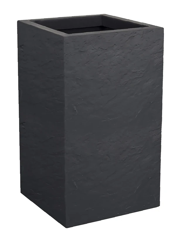 EDA - Volcania'Up 36 L High Square Pot - Imitation Stone Decor - Single Wall - Water Retention Area - 29.5 x 29.5 x 49.5 cm - Charcoal Grey