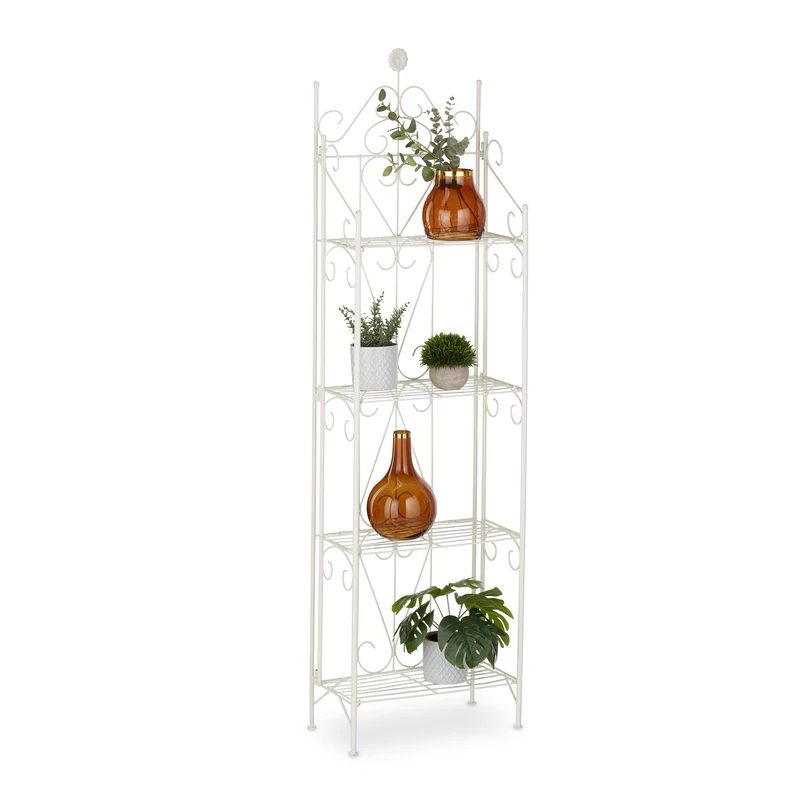 Relaxdays Rack, Flower Stand with 4 Shelves, HxWxD: 156 x 46 x 25 cm, Metal, Foldable, Indoor Plant Shelf, White, Iron - Image 1