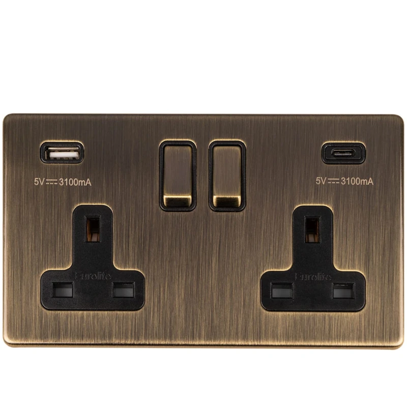 Eurolite 2 Gang 13A Double Socket with USB Type A & C