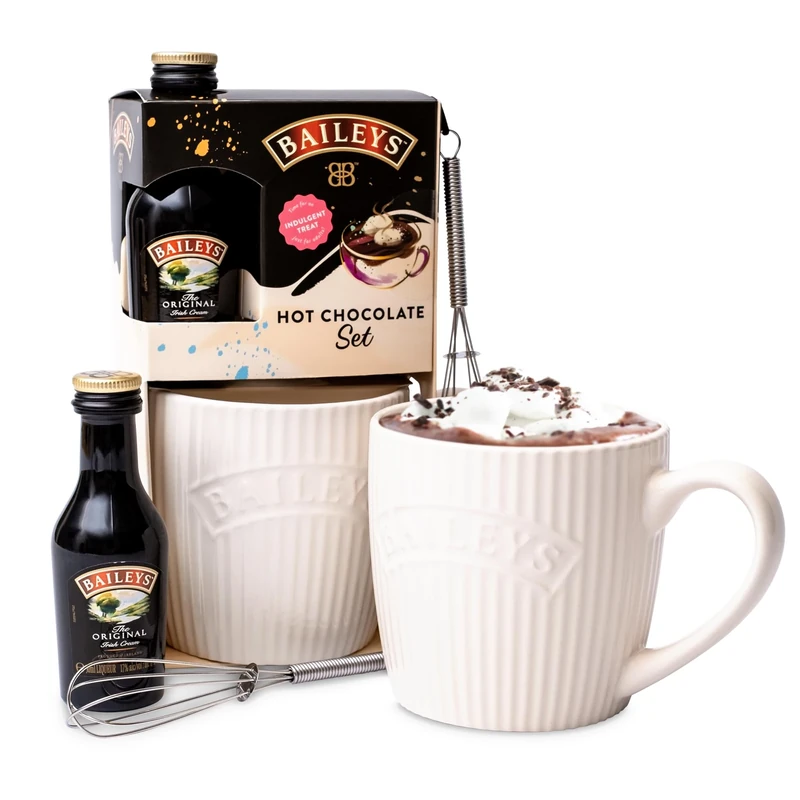 Baileys Hot Chocolate Gift Set - Official Baileys Irish Cream Liqueur 50 ml, Hot Chocolate Powder, Mug, Mini Whisk - Valentines Chocolates Gifts for Women, Men, Mum Gifts, Birthday