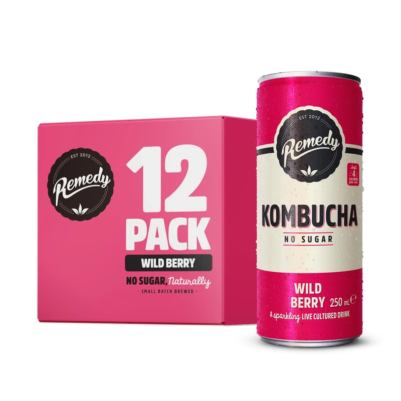 Remedy Kombucha Tea - Wild Berry - Sparkling Live Cultured, Naturally Sugar Free Soft - Probiotic for Gut Health - 12 x 250ml