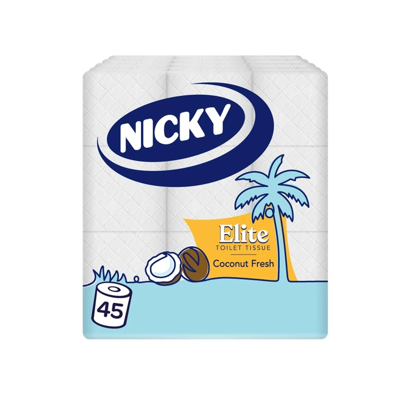 Nicky Elite Coconut Fresh Toilet Tissue - 45 Rolls of White Toilet Paper, 168 Sheets per Roll, 3-Ply, Exotic Coconut Scent, Softeness and Comfort to the Skin, 100% FSC Certified Paper, Easy Open Pack