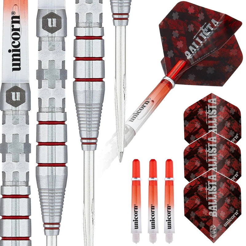 Unicorn Steel Tip Darts Set | Ballista Style 3 | 90% Natural Tungsten Barrels with Red Accents & Volute Points | 25 g