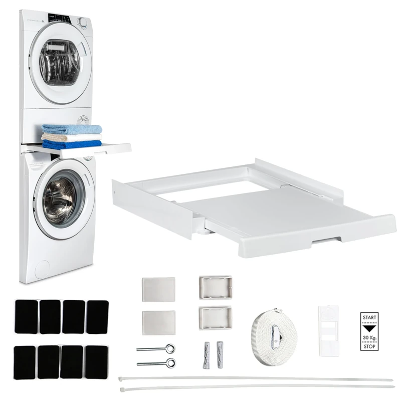 Care+Protect Univeral Stacking Kit with Sliding Shelf for Washing Machines and Dryers - Suitable for Washing Machines with Depth 47-62cm - Squared Control Panel Front - Dryer with Depth 58cm