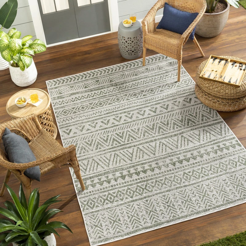 LIVABLISS Alora Geometric Indoor Outdoor Rug – Boho Patterned Garden, Patio & Decking Carpet, 130x180 cm, UV & Stain Resistant, Dark Green and Ivory