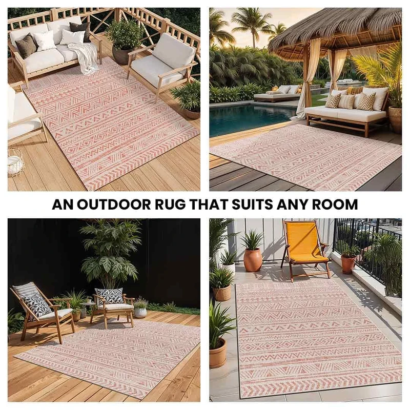 Livabliss Alora Indoor Outdoor Rug - Large Boho Rugs for Living Room 160x230 cm Dining, Kitchen Carpet, Patterned Neutral and Coloured Rugs, Waterproof, Stain Durable - Coral, Ivory, Pink