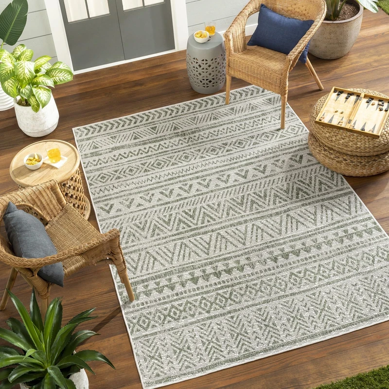 Livabliss Alora Indoor Outdoor Rug - Large Boho Rugs for Living Room 160x230 cm Dining, Kitchen Carpet, Patterned Neutral and Coloured Rugs, Waterproof, Stain Durable - Dark Green, Ivory