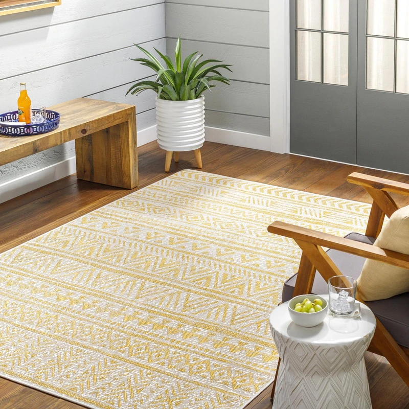 LIVABLISS Alora Geometric Indoor Outdoor Rug – Boho Patterned Rug for Garden, Patio & Decking, 130x180 cm, UV & Stain Resistant, Mustard and Ivory