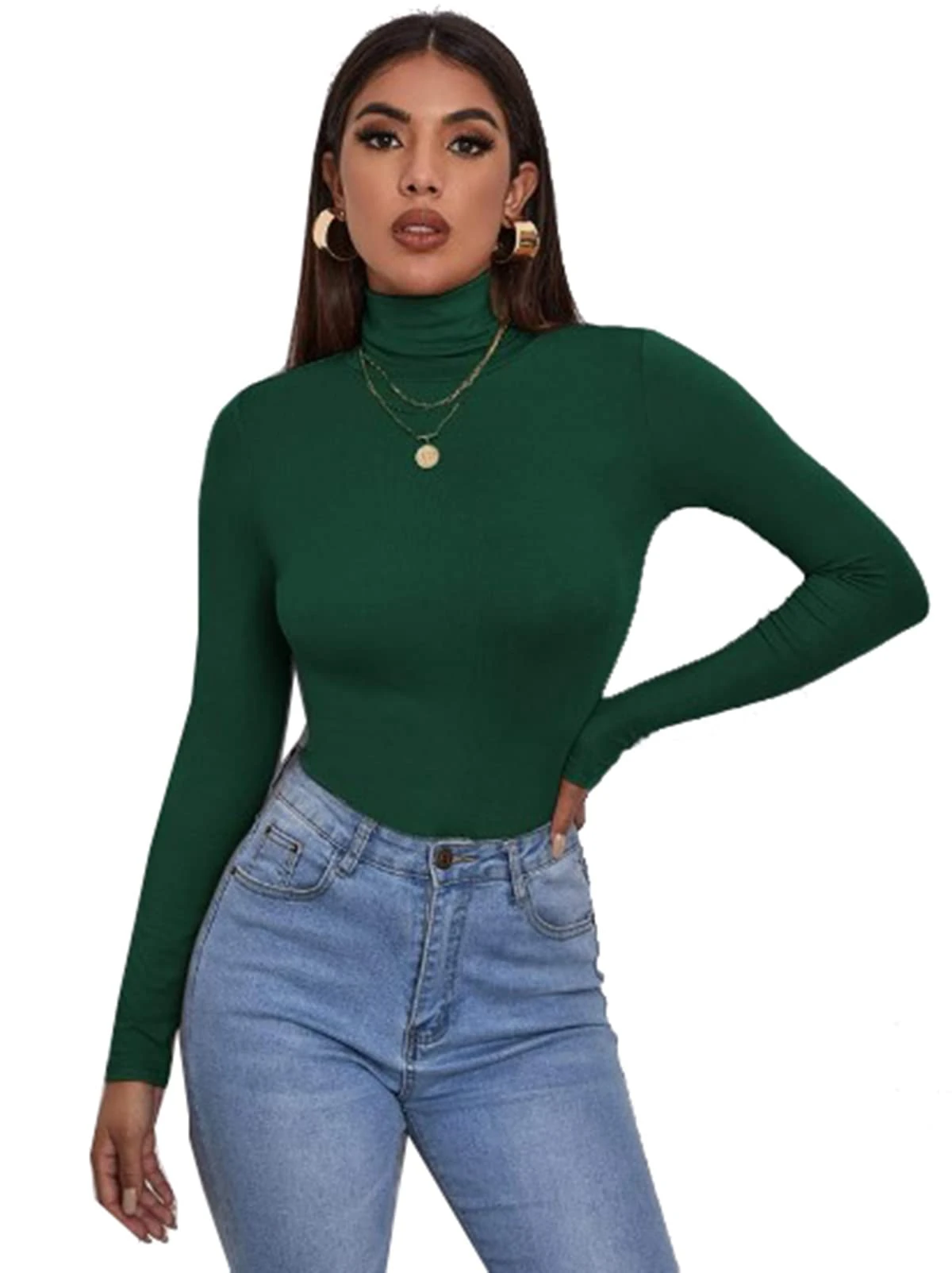 Zaif & Hari® Women's Polo Roll Neck Long Sleeve Turtle Neck Jumper - Ladies Plain Mockneck Casual Top (Bottle Green, 12-14)