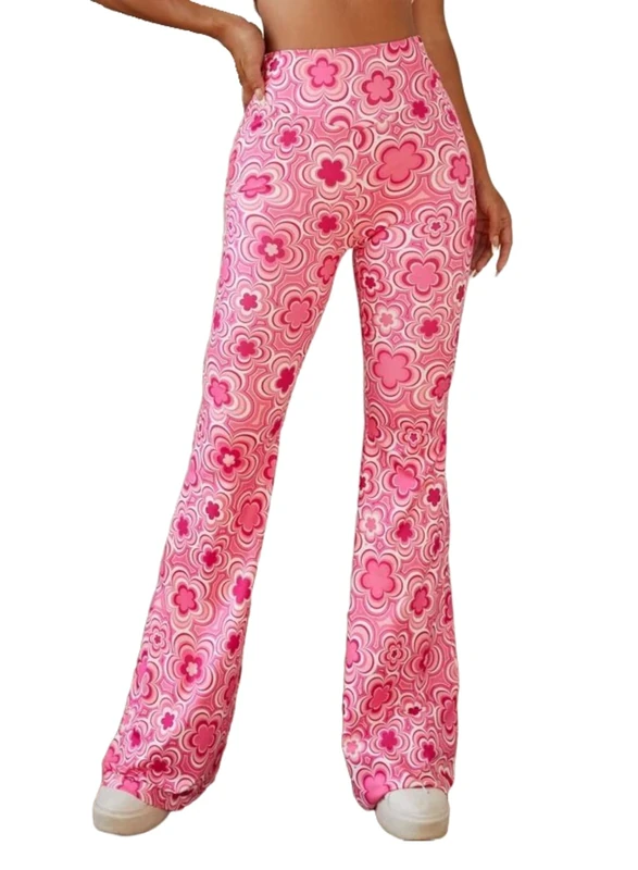EVELUST 70s Flare Pants for Women - Fancy Dress Costume Adult Rave Festival Outfits Wide Leg Leggings High Waist Hippie Bell Bottom Disco Costume Yoga Trousers (Pink, L, 1050w) - Image 1