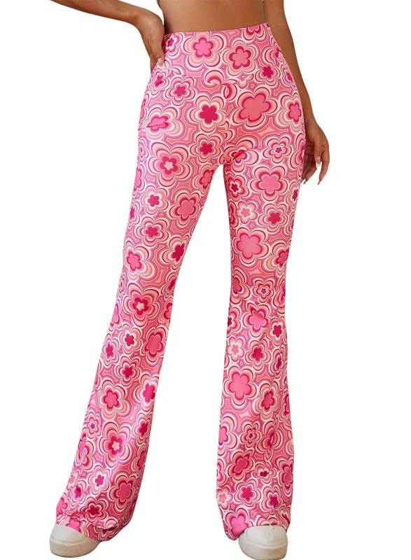 EVELUST 70s Flare Pants for Women - Fancy Dress Costume Adult Rave Festival Outfits Wide Leg Leggings High Waist Hippie Bell Bottom Disco Costume Yoga Trousers (Pink, XS, 1050w)