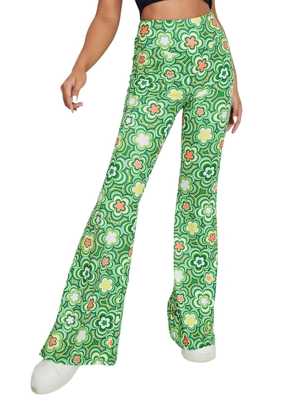 EVELUST 70s Flare Pants for Women - Fancy Dress Costume Adult Rave Festival Outfits Wide Leg Leggings High Waist Hippie Bell Bottom Disco Costume Yoga Trousers (Green, XS, 1050w)