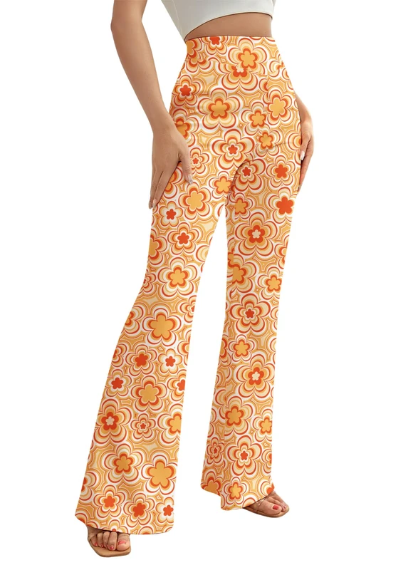 EVELUST 70s Flare Pants for Women - Fancy Dress Costume Adult Rave Festival Outfits Wide Leg Leggings High Waist Hippie Bell Bottom Disco Costume Yoga Trousers (Orange, XL, 1050w)