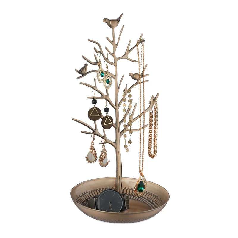 Relaxdays Jewellery Tree, Stand with Tray, H x W x D: Approx. 30 x 16 x 15 cm, Metal, Gold