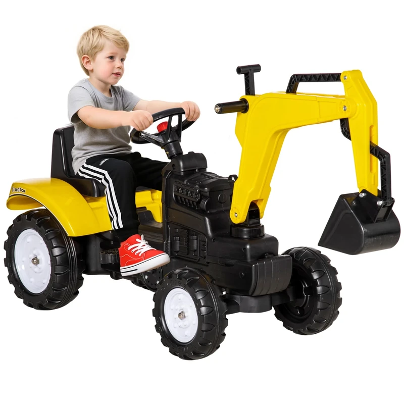 HOMCOM Kids Ride on Digger Pedal Go Kart Pretend Play Construction No Power Truck with Horn for 3-6 Years, Yellow