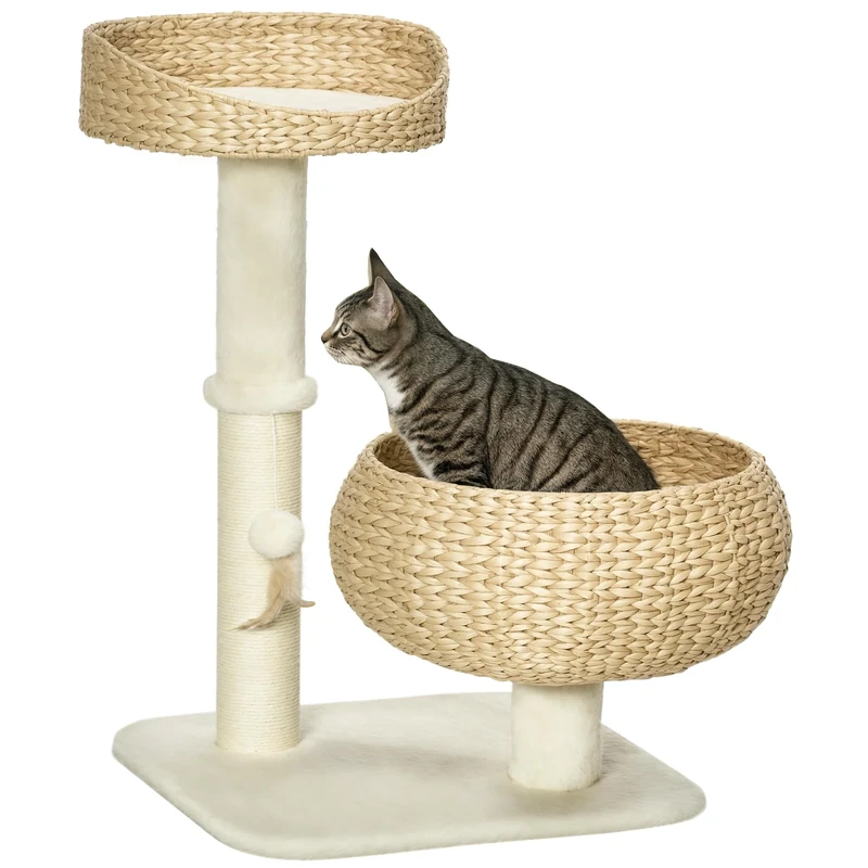 PawHut 72cm Cat Tree Kitten Tower with 2 Beds Scratching Post Toy Ball Beige