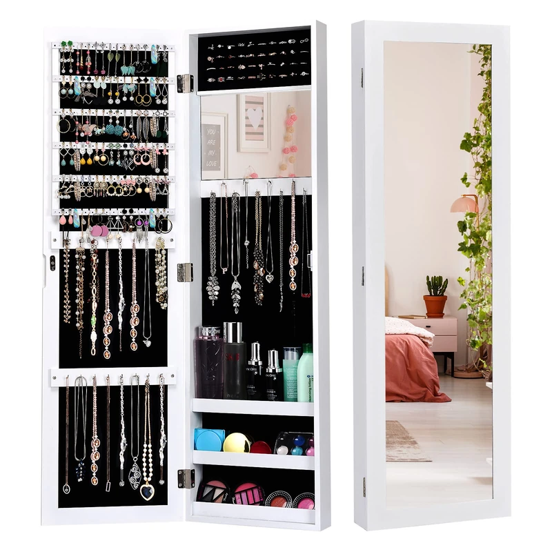 CASART 2-IN-1 Jewelry Cabinet, Wall & Door Mounted Jewelry Armoire with Full-Length Mirror & Built-In Small Mirror, Space-Saving Jewelry Organizer Hanging Storage Makeup Box (White)