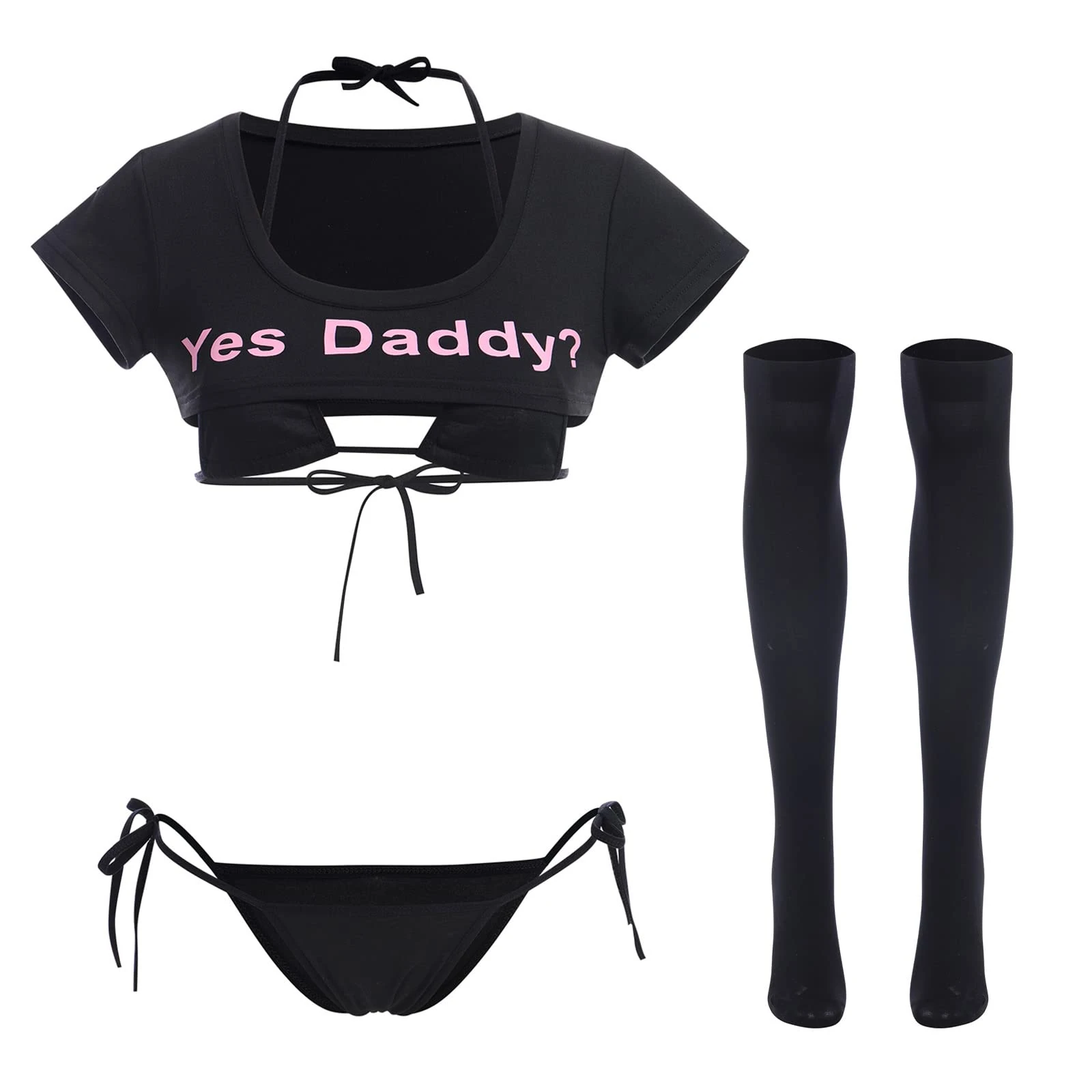 IBTOM CASTLE Yes Daddy Lingerie for Women, Women's Rave Outfit Short Sleeve Crop Tops Funny Cotton T-Shirts Cami Yes Daddy Bedroom Lingerie Babydoll Cosplay Costume Black One Size
