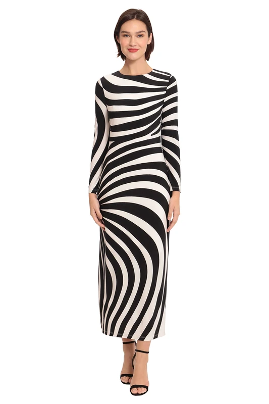 Donna Morgan Women's Striped Long Sleeve Easy Body Maxi Dress, Ivory/Black, 14