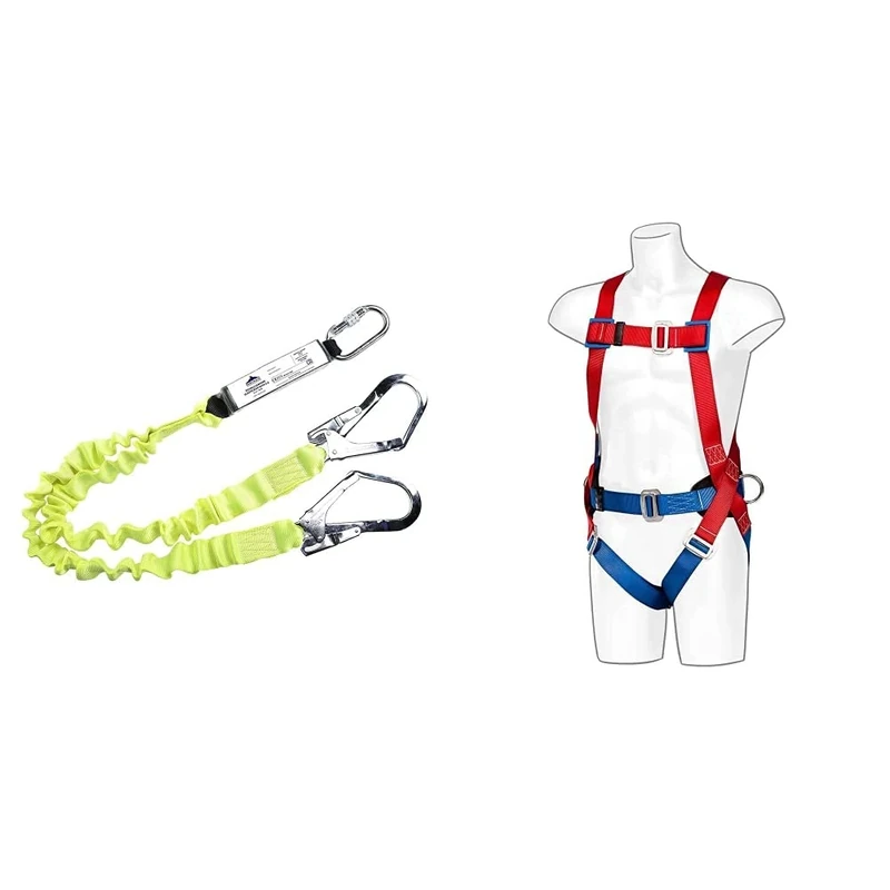 Portwest Double Elasticated Lanyard With Shock Absorber, Size: One Size, Colour: Yellow, FP52YER & 2 Point Comfort Harness, Size: One Size, Colour: Red, FP14RER