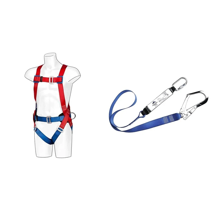 Portwest 2 Point Comfort Harness, Size: One Size, Colour: Red, FP14RER & Single Webbing Lanyard With Shock Absorber, Size: One Size, Colour: Royal Blue, FP50RBR