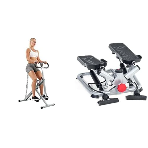 Sunny Health & Fitness Squat Assist Upright Row-N-Ride Rowing Machine, Horse Riding Machine - NO.077S and Advanced Twist Stepper Machine with Resistance B ands, Portable Mini Stair Stepper - SF-S0979